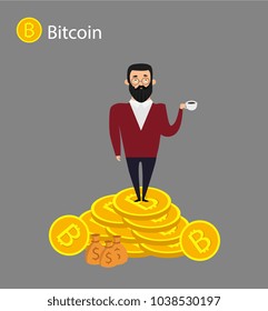 Isometric businessman investor on a stack of bitcoin. The concept for web or infographics vector illustration. Earnings growth mining crypto. Vector illustration