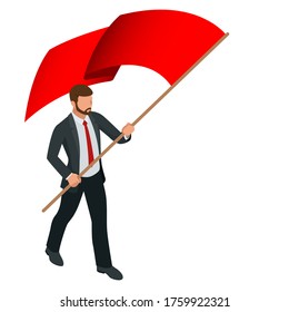 Isometric businessman isolated on write. Creating an office worker character, cartoon people. Business people. Man with red flag.
