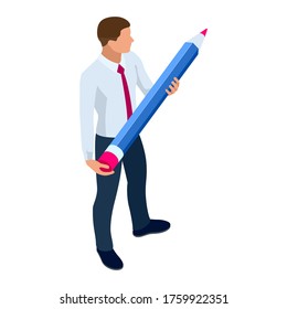 Isometric businessman isolated on write. Creating an office worker character, cartoon people. Business people. Man with a pencil