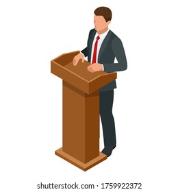 Isometric businessman isolated on write. Creating an office worker character, cartoon people. Business people. Tribune or pulpit for speaker official, president or professor.