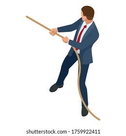 Isometric businessman isolated on write. Creating an office worker character, cartoon people. Business people. Businessman pulls the rope, Tug of war and symbol of rivalry.