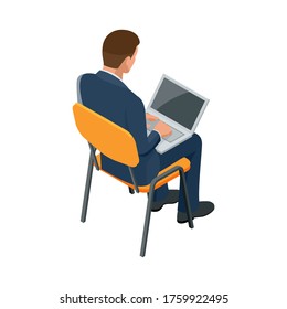 Isometric businessman isolated on write. Creating an office worker character, cartoon people. Businessman Working at the laptop. Man looking at the laptop screen.