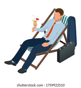 Isometric businessman isolated on write. Creating an office worker character, cartoon people. Business people. Businessman with a cocktail relaxing in a deck chair