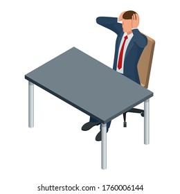 Isometric businessman isolated on write. Creating an office worker character, cartoon people. Business people. Businessman sitting at the table holding his head