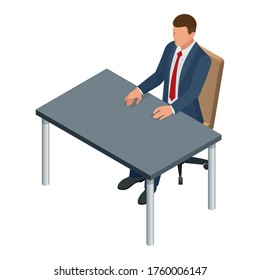 Isometric businessman isolated on write. Creating an office worker character, cartoon people. Business people. Businessman sitting at the table