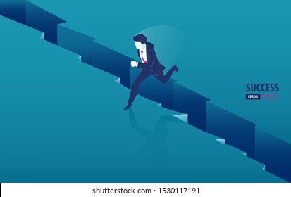 Isometric businessman jumping over the gap between cliffs. business vector illustration