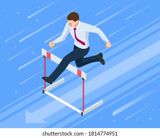 Isometric businessman jumping over obstacle. Overcome obstacles. Business competition concept.