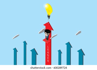 isometric businessman with lightbulb and red arrow, leader and business concept