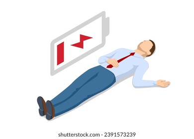 Isometric businessman lying down beside low battery indicator. Unhappy tired office worker manager man character lying on floor.