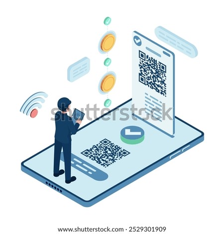 Isometric Businessman Making QR Code Payment with Smartphone. QR Code Payment and Cashless Concept