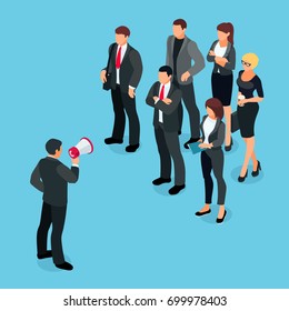 Isometric Businessman With Megaphone Speaking Before A Group Of People. Businessman With A Loudspeaker Makes A Warning. 3d People In Different Poses Listen To The Speaker. Vector Illustration.