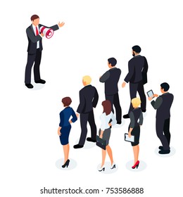 Isometric businessman with megaphone speaking before a group of people. Businessman with a loudspeaker makes a warning. 3d people in different poses listen to the speaker. Vector illustration.