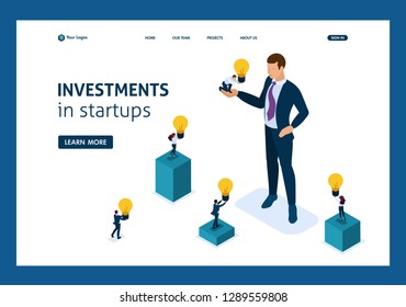 Isometric businessman offers an investment opportunity, investing in a startup, business growth. Website Template Landing page