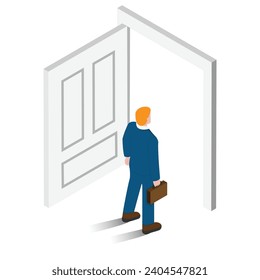 Isometric Businessman Opens the Door to Business Opportunities and Career Advancement, Business Opportunities and Career Concept Illustration