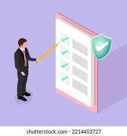 Isometric businessman point with pencil to 3D white clipboard task management todo check list, work project plan concept, fast checklist, posting plan on white background, productivity checklist 3d