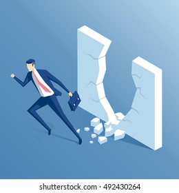 isometric businessman punches the wall, the employee runs through the barrier, the business concept power and success
