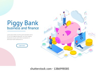 Isometric businessman putting a coin into a piggy bank. Save money concept. Manage money and finance analytics.