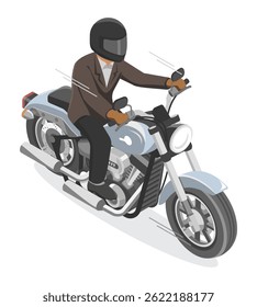 isometric Businessman riding a classic cruiser motorcycle at high speed, wearing a helmet and formal suit, symbolizing freedom and power in motion 
