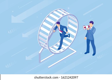 Isometric Businessman Running In A Hamster Wheel. The Business As Hard Work, Motivation And Success Concept.