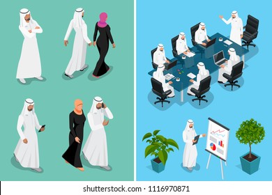 Isometric businessman Saudi Arab man and woman character design with different poses, car on blue background isolated vector illustration. Arabic Business man on Traditional National Muslim Clothes.