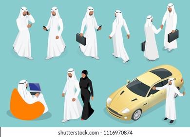 Isometric businessman Saudi Arab man and woman character design with different poses, car on blue background isolated vector illustration. Arabic Business man on Traditional National Muslim Clothes.