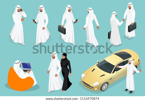 Isometric businessman Saudi Arab man and woman\
character design with different poses, car on blue background\
isolated vector illustration. Arabic Business man on Traditional\
National Muslim\
Clothes.