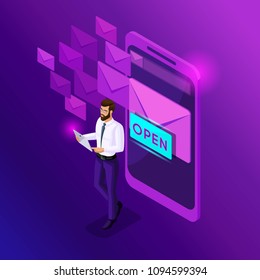 Isometric businessman sends mail. Electronic correspondence with the customer. The concept of business correspondence by e-mail