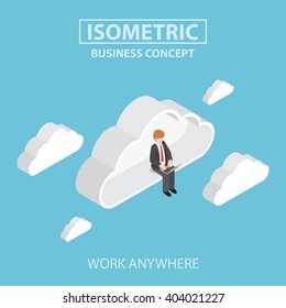 Isometric businessman sitting on cloud and working on laptop, success, freedom, cloud computing concept VECTOR, EPS10