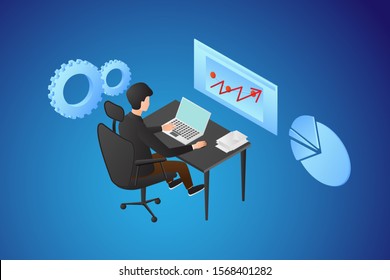Isometric businessman sitting at table and working with laptop isolated on background. Vector illustration design.