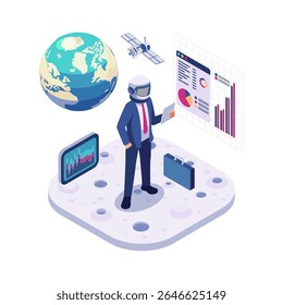 Isometric Businessman in Space Suit Analyzing Investment Chart and Market Trends. Space Industry and Technology Investment