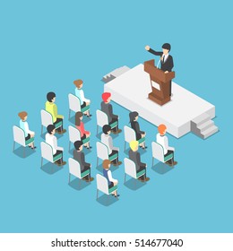 Isometric Businessman Speaking At A Podium In A Conference, Public Speaker, Business Meeting Concept