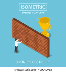 Isometric businessman standing in front of brick wall with trophy behind, business obstacle concept, VECTOR, EPS10