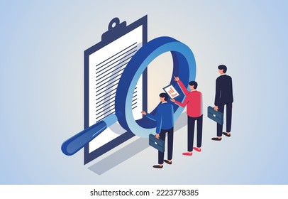 Isometric businessman standing in front of a magnifying glass to analyze financial reports, financial financial audits, auditing tax processing. Marketing, audit tax process, paper forms