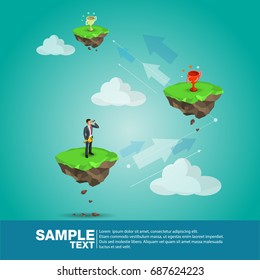 Isometric businessman standing in front of mountain and tree with trophy above, business obstacle concept, VECTOR, EPS10