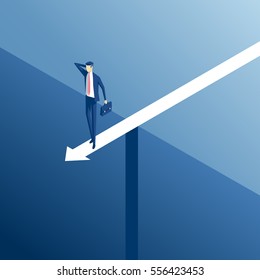 Isometric businessman standing on an arrow over the abyss, business concept stalemate and embarrassing situation