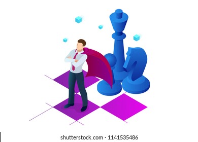 Isometric businessman standing on chess board. Strategy, management, leadership concept. Business strategy.