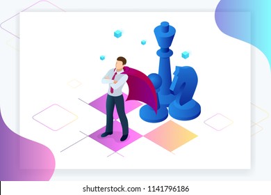 Isometric businessman standing on chess board. Strategy, management, leadership concept. Business strategy.