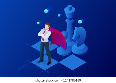 Isometric businessman standing on chess board. Strategy, management, leadership concept. Business strategy.