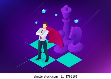 Isometric businessman standing on chess board. Strategy, management, leadership concept. Business strategy.