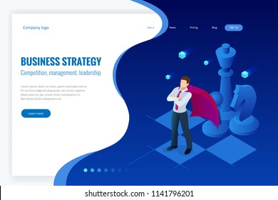 Isometric businessman standing on chess board. Strategy, management, leadership concept. Business strategy.