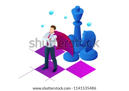 Isometric businessman standing on chess board. Strategy, management, leadership concept. Business strategy.