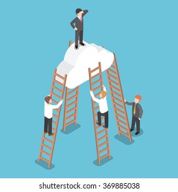 Isometric businessman standing on the cloud and look around with his rival climbing the ladder to reach him, Vision, Success, Leadership concept, VECTOR, EPS10