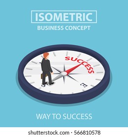 Isometric businessman standing on compass that pointing to success way, motivation concept