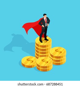Empresario isométrico sobre un montón de dinero. Un tercer hombre de negocios vestido de superhéroe se alza sobre un montón de monedas de oro. Concepto de crecimiento de ganancias. Ilustración vectorial.