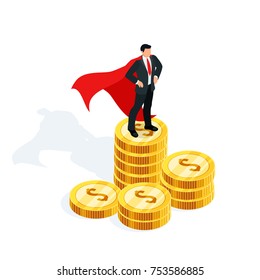 Isometric businessman standing on a stack of money. 3d businessman in the cloak of a superhero stands on a pile of gold coins. Earnings growth concept. Vector illustration.