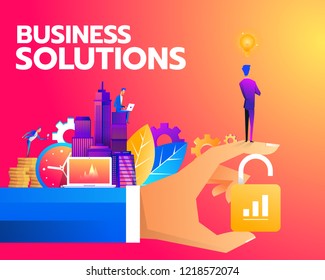 Isometric businessman standing on unlock lock , business solution, key to success and teamwork concept