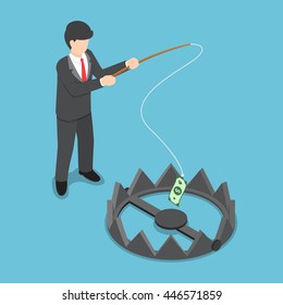 Isometric businessman stole money from bear trap by fishing rod, investment risk, business challenge concept