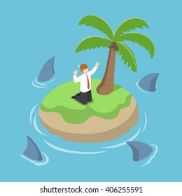 Isometric businessman stranded in an island surrounded by shark, danger, business risk, bankruptcy concept, VECTOR, EPS10