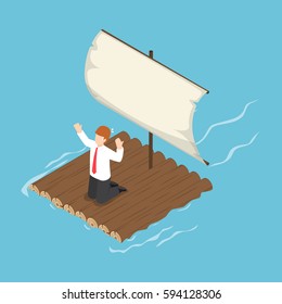 Isometric businessman stranded on wooden raft, layoff and business crisis concept