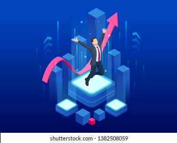 Isometric businessman success, leadership, awards, career, successful projects, goal, winning plan, leadership qualities in a creative team, direction on a successful path concept